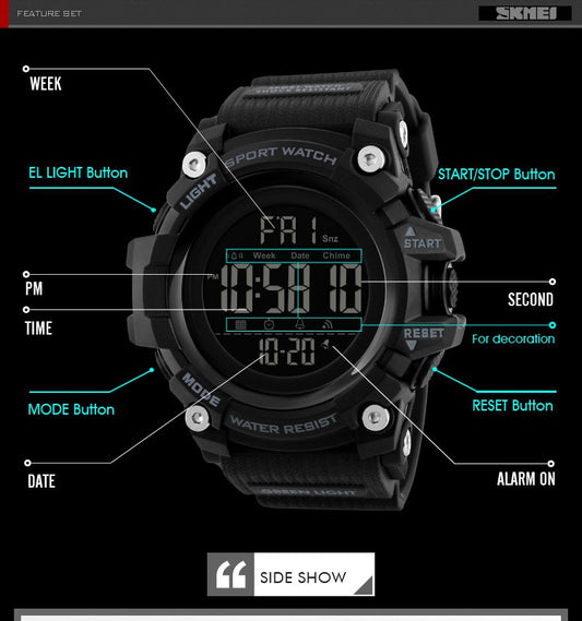 SKMEI 1384 اسود) ساعة رقمية متعددة الوظائف مقاومة للماء )