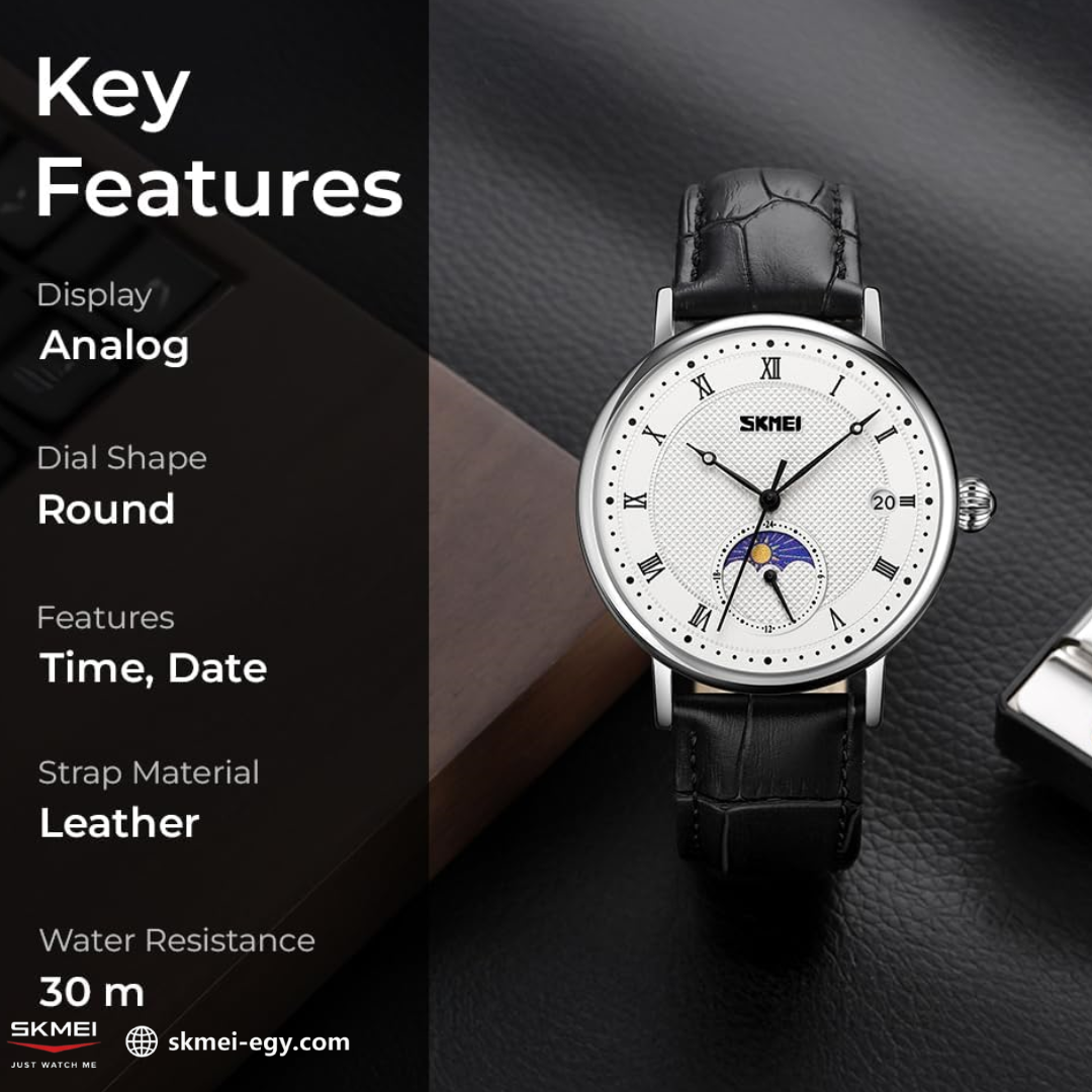 Skmei 9308: An elegant wristwatch with a modern design that combines simplicity and luxury. It features a classic round case suitable for various tastes (black & white).