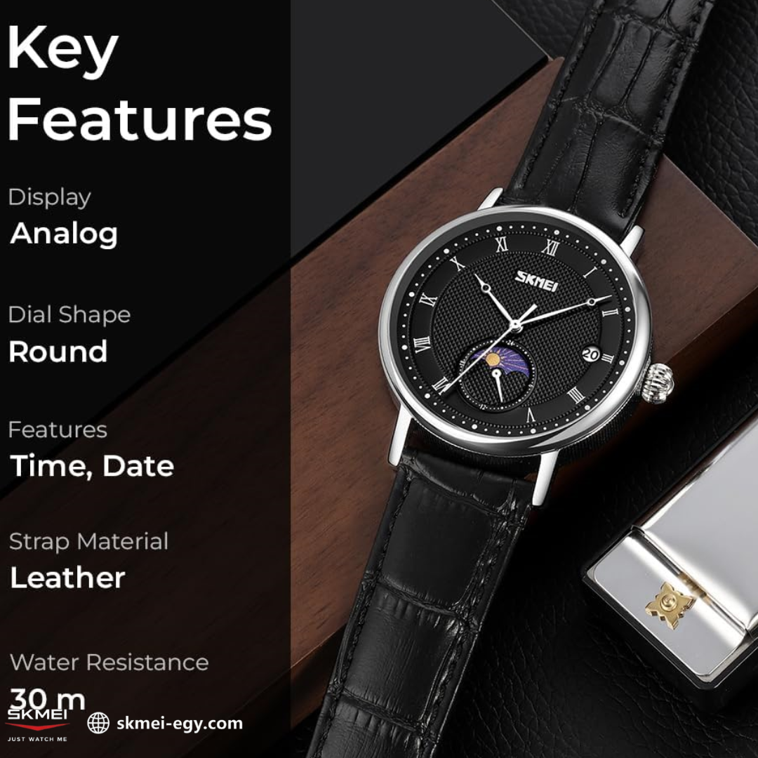 Skmei 9308: An elegant wristwatch with a modern design that combines simplicity and luxury. It features a classic round case that suits various tastes (black & black).
