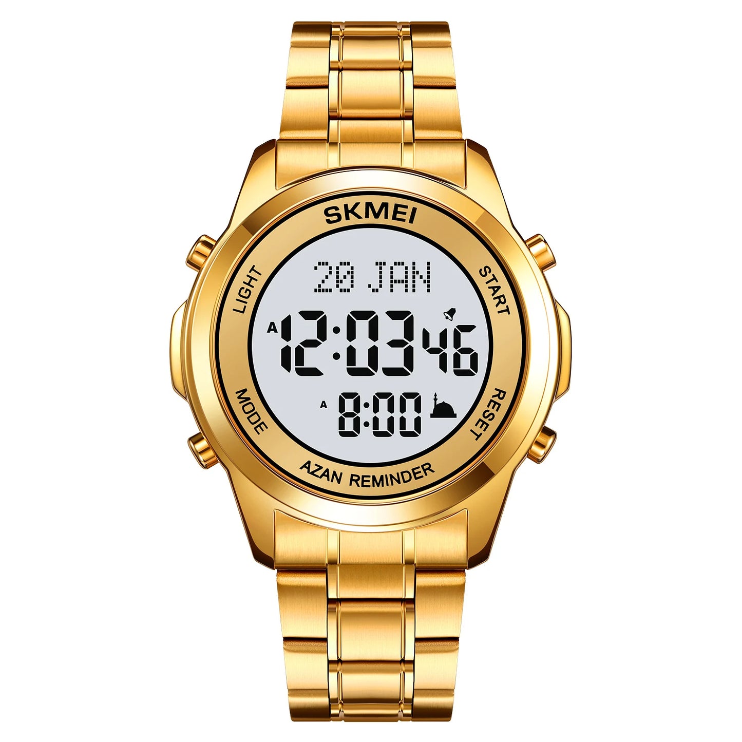 Skmei 2097 Prayer Times Watch Gold Stainless Steel Strap Anti-Rust and Peeling