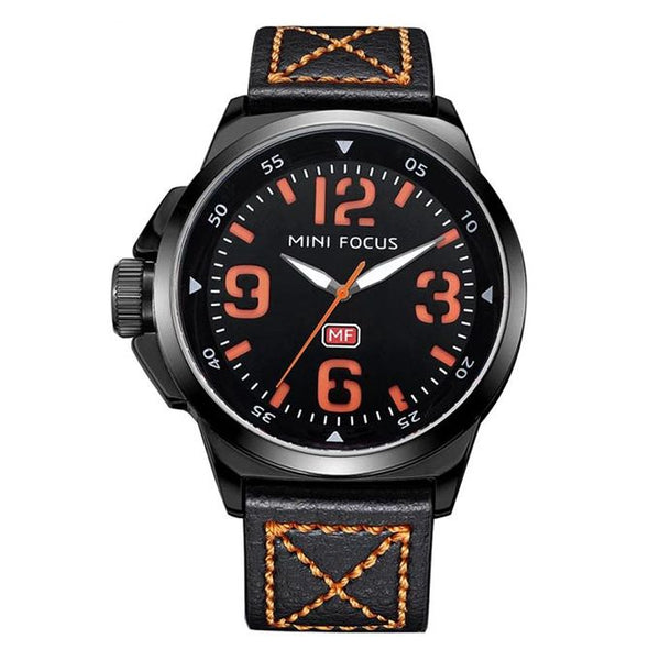 Mini Focus MF0004G Men's Casual Leather Watch — Black & Orange