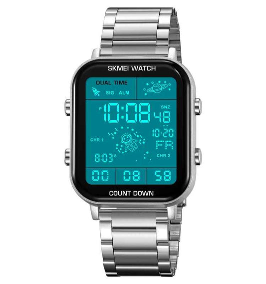 SKMEI 2301 ساعات رقمية رياضية فاخرة مقاومة للماء من الفولاذ المقاوم للصدأ مقاومة للصدمات ( سيلفر مينا ابيض )