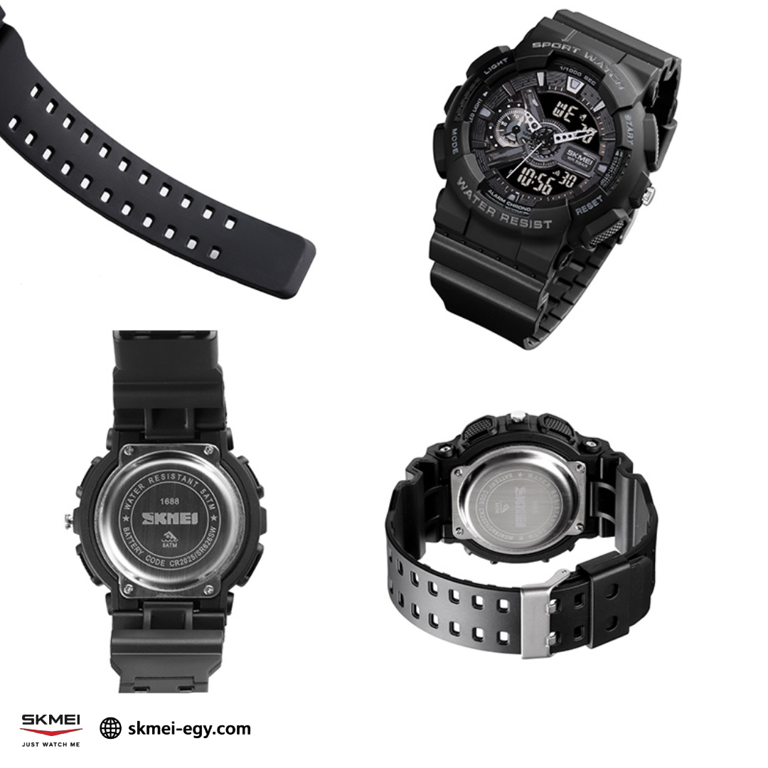 ساعة سكيمي 1688 رياضيه رقمي مع عقارب متعددة الوظائف ومقاومة للماء (أسود)