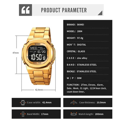 SKMEI 2004 Digital Stainless Steel Watch — Gold & Black