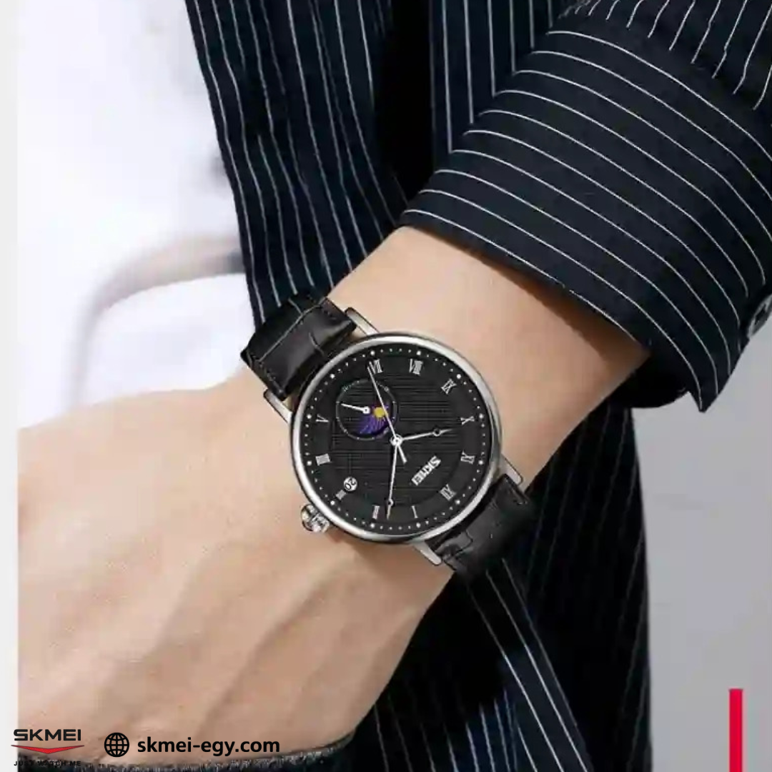 Skmei 9308: An elegant wristwatch with a modern design that combines simplicity and luxury. It features a classic round case that suits various tastes (black & black).