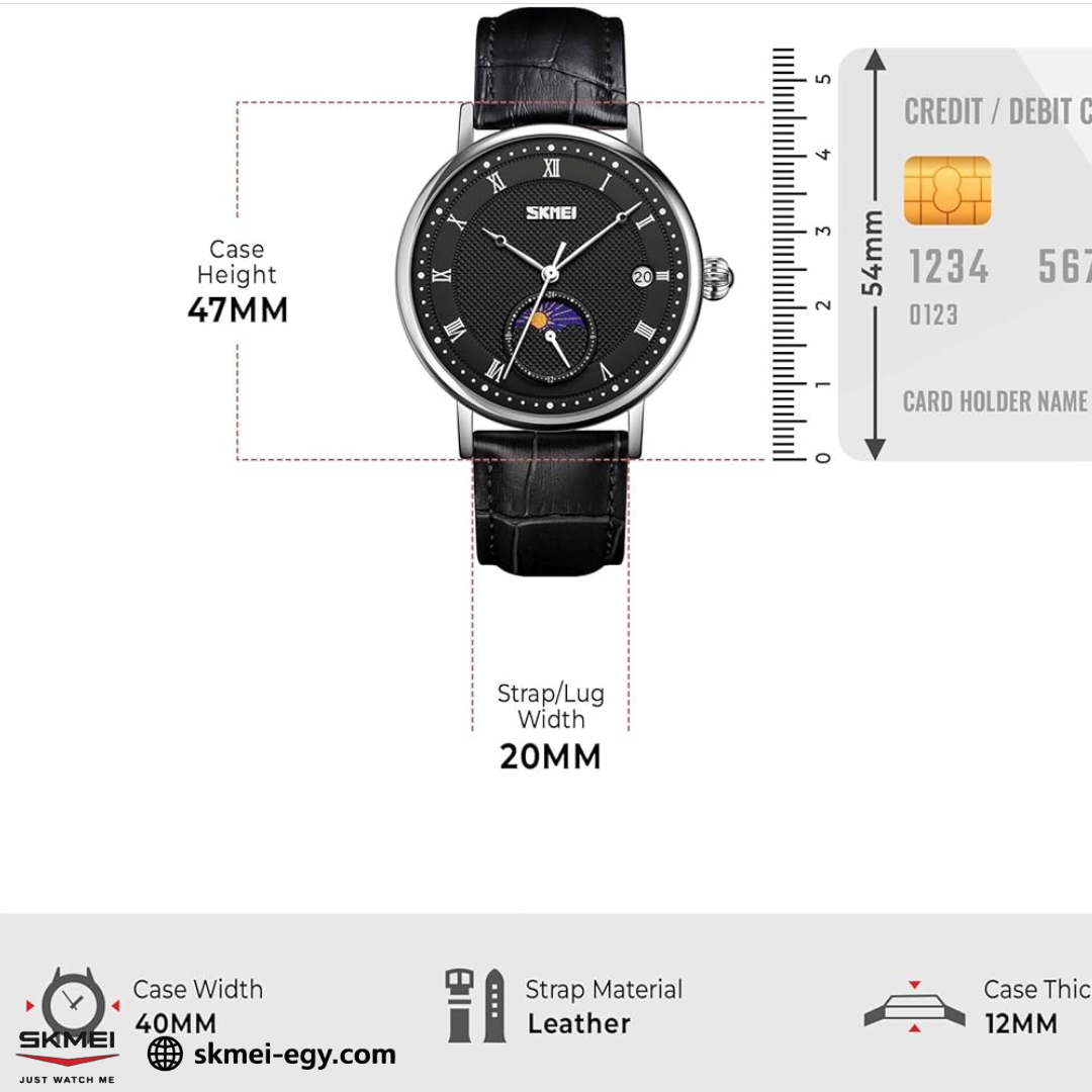 Skmei 9308: An elegant wristwatch with a modern design that combines simplicity and luxury. It features a classic round case that suits various tastes (black & black).