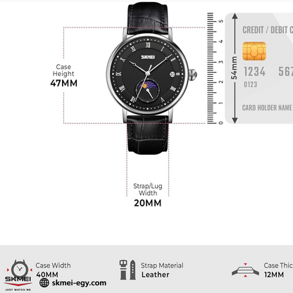 Skmei 9308: An elegant wristwatch with a modern design that combines simplicity and luxury. It features a classic round case that suits various tastes (black & black).