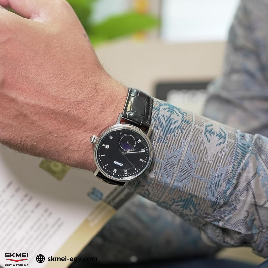 Skmei 9308: An elegant wristwatch with a modern design that combines simplicity and luxury. It features a classic round case that suits various tastes (black & black).