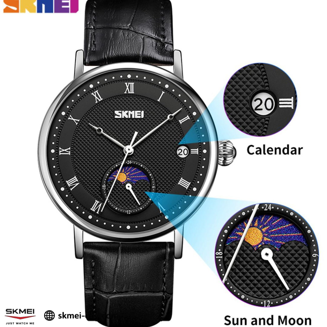 Skmei 9308: An elegant wristwatch with a modern design that combines simplicity and luxury. It features a classic round case that suits various tastes (black & black).