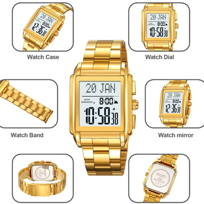SKMEI 2405 Prayer Time Watch with Gold Stainless Steel Bracelet, Anti-Rust and Peel-Resistant