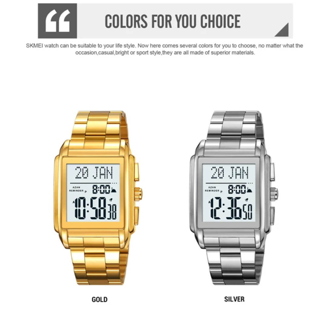 SKMEI 2405 Prayer Time Watch with Gold Stainless Steel Bracelet, Anti-Rust and Peel-Resistant