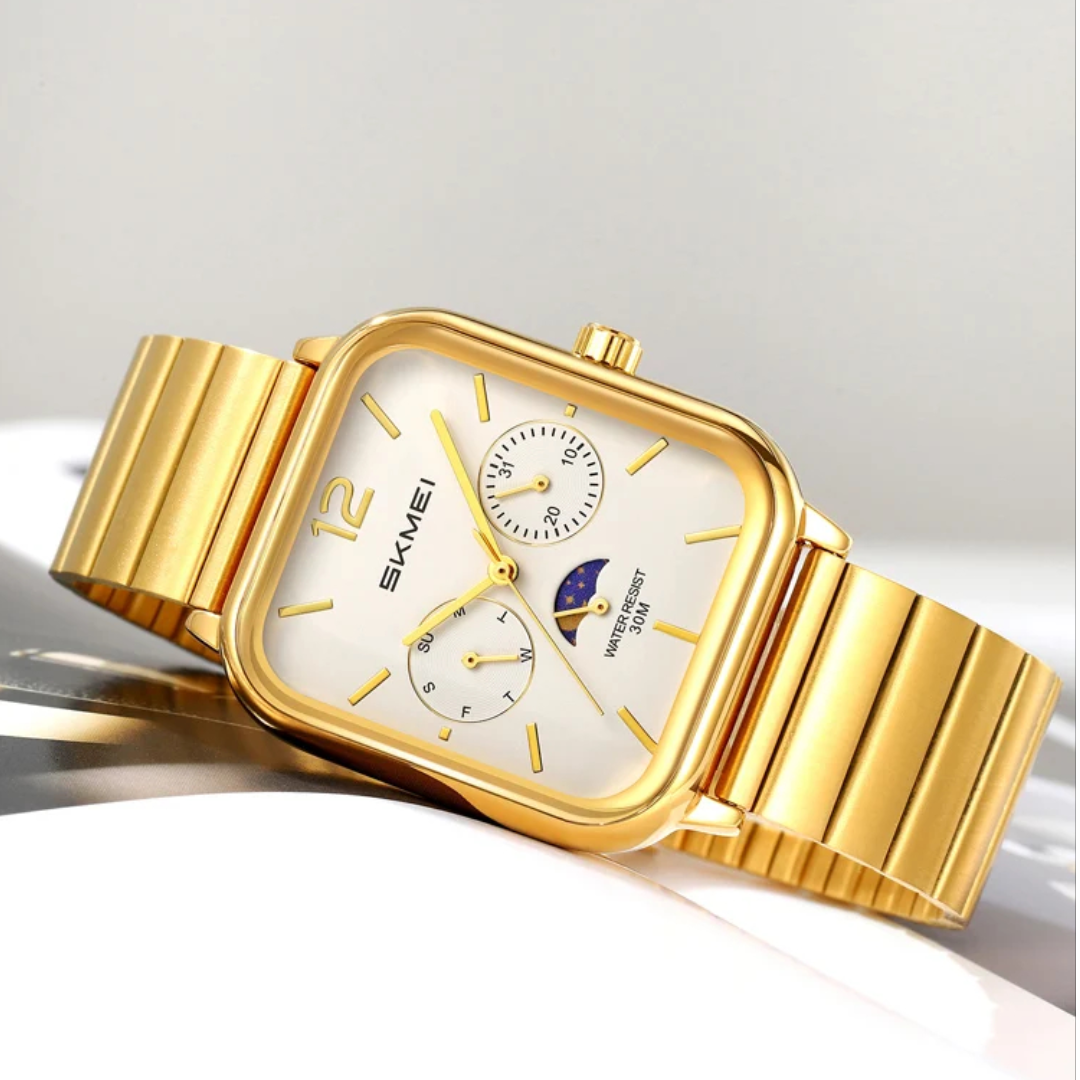 SKMEI 2509 watch with classic hands and an elegant design, suitable for both genders, gold with a white dial