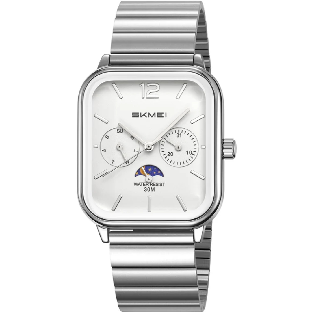 Skmei 2509 Analog Watch, classic hands with an elegant design, suitable for both genders, silver with a white dial.
