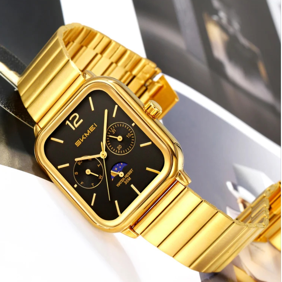 Skmei watch 2509, classic hands with an elegant design suitable for both sexes, gold with a black dial.