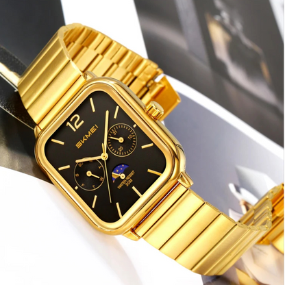 Skmei watch 2509, classic hands with an elegant design suitable for both sexes, gold with a black dial.