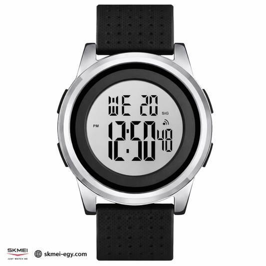 ساعة سكيمي 1502 اللون الاسود والفضي مينا أبيض رقمية رجالية بتصميم أنيق متعددة الوظائف