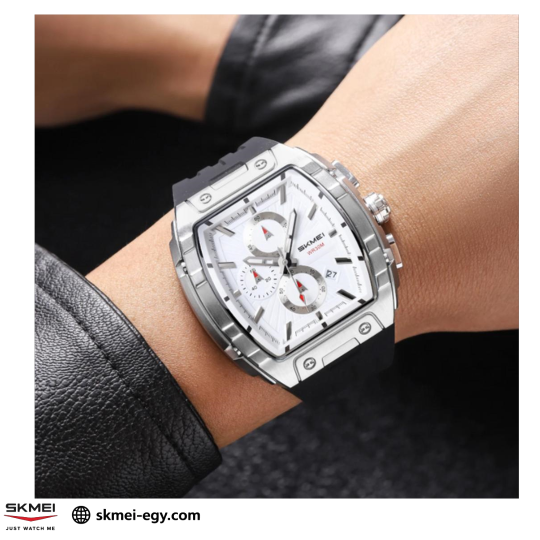 
ساعة سكيمي 2363 عقارب بهيكل ستيل وسوار مطاطي فاخرة أسود&فضي&أبيض