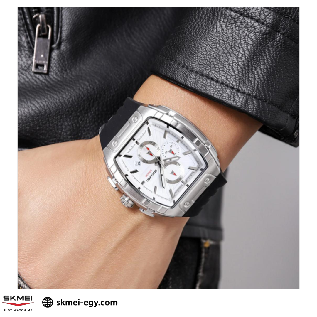 
ساعة سكيمي 2363 عقارب بهيكل ستيل وسوار مطاطي فاخرة أسود&فضي&أبيض