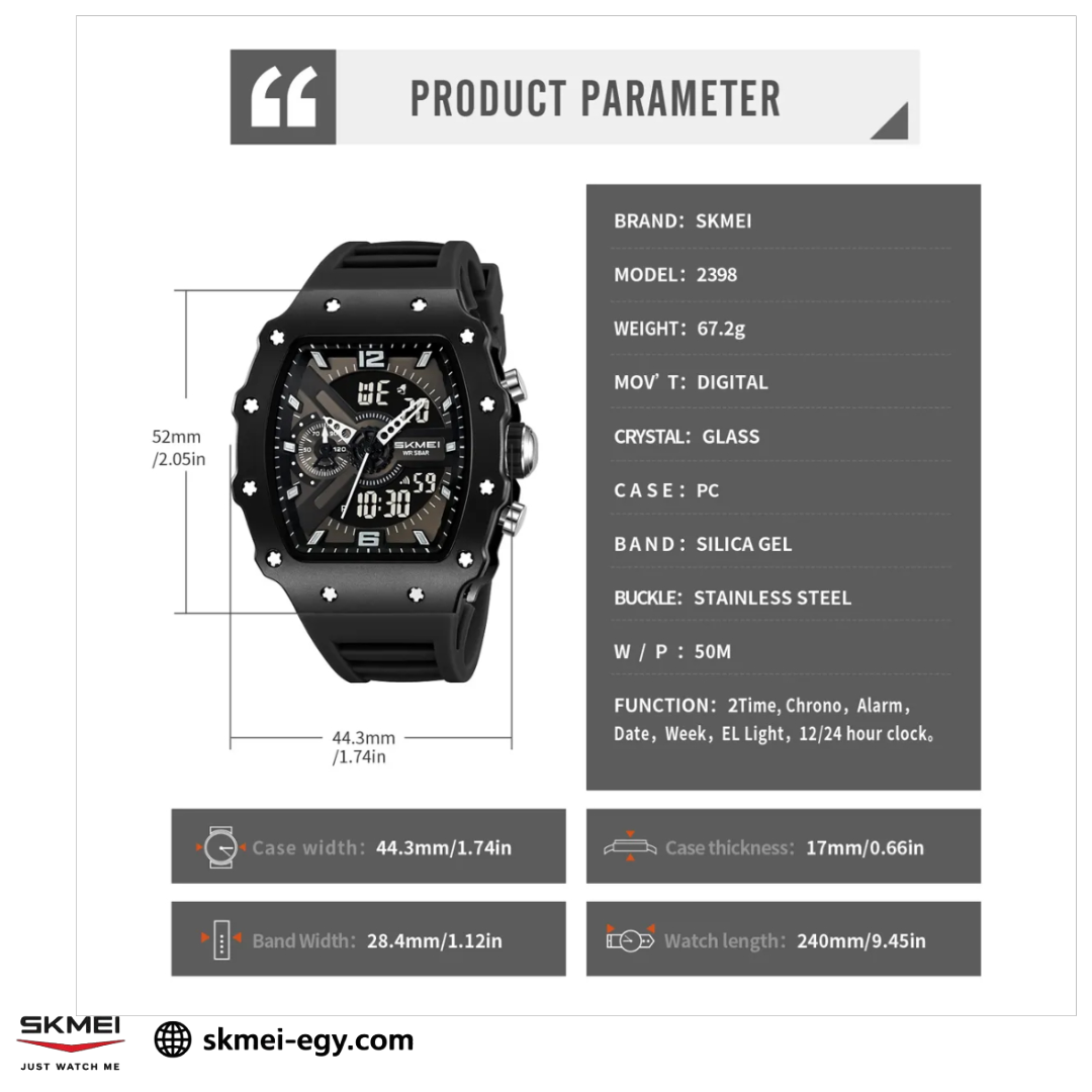  ساعة سكيمي 2398  كوارتز/ديجيتال رجالية فاخرة باللون أسود&أبيض